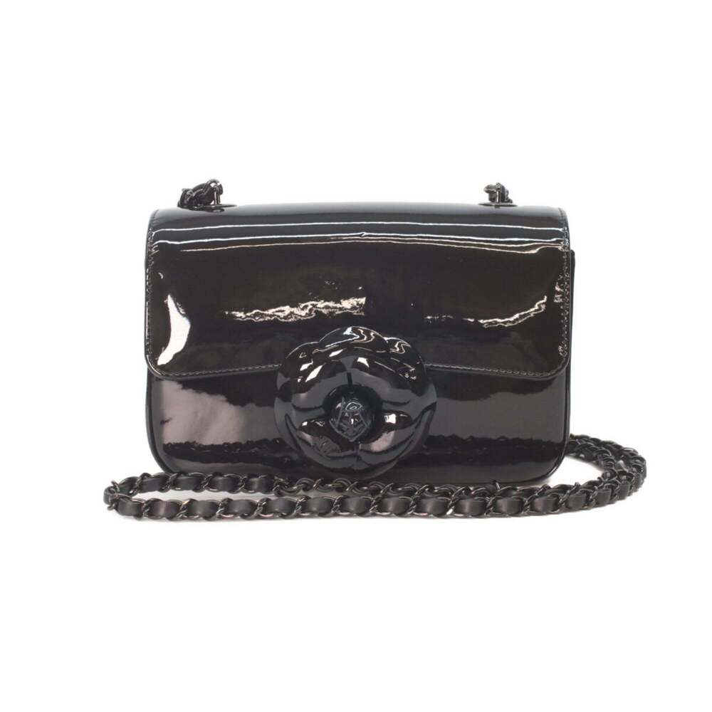 CHANEL AS4388 So Black Single Flap Patent Camellia Small Chain Bag for Women
